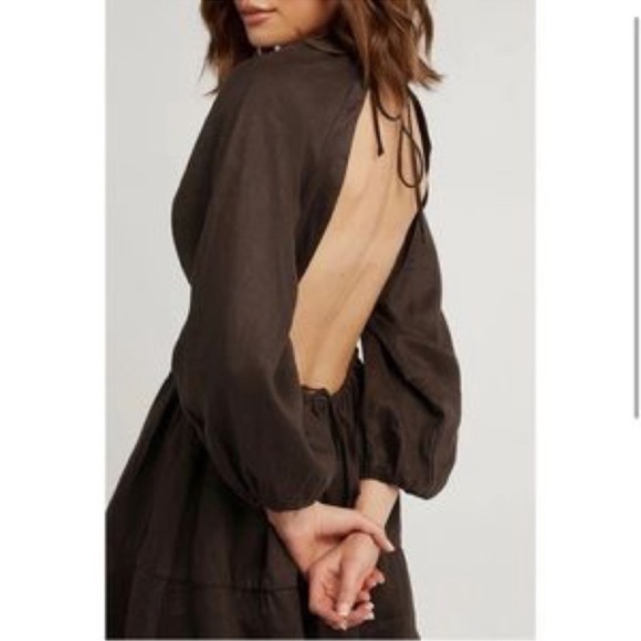 NWT DISSH Lenore Open Back Chocolate Brown Tie Neck Puff Sleeve Linen Dress US 6 - Picture 4 of 12